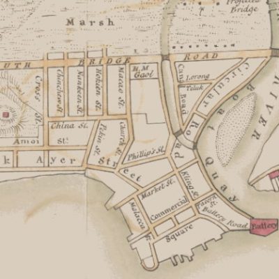 A Map of Singapore's oldest thoroughfares in 1838. North and South Bridge Road, Telok Ayer Street (spelt Teluk) and Amoy Street are clearly displayed.
