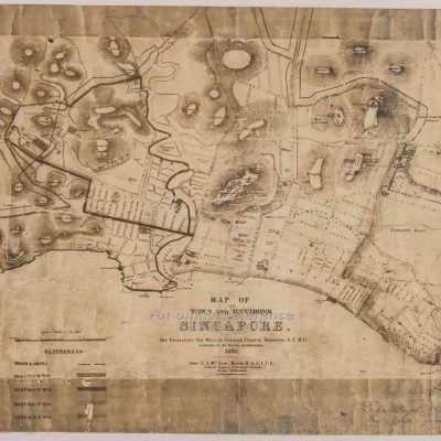 A map of Singapore dated from 1878. Labeled "Map Of The Town And Environs"